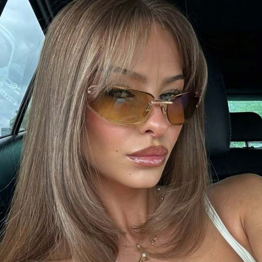 1 Pair Frameless Oval Fashion Fashion Glasses, Y2K Style, Versatile, Suitable For Daily Wear, Street Photography, Vacation, Beach, Back To School Season Essential, Distinctive Arm Design - Brown - View 1