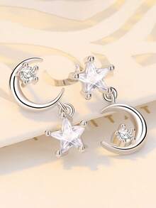 S925 Silver Asymmetric Tassel Star Moon Earrings, Luxury Niche Design, Couples, Valentine's Day Gift, Versatile For Daily And Party Wear - Silver - View 3