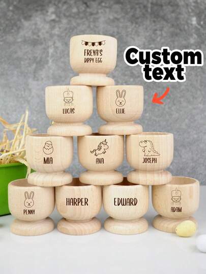 1pc Custom Personalized Laser-Engraved Wood Egg Cup With Name Engraving - Personalized Egg Holder For Easter Egg Displays, Name Engravable Breakfast & Lunch Tableware, Durable Laser-Engraved Wood Cup,Easter Gift For Kids, Dippy Egg Holder, Unicorn, Dinosaur, Solider, Bunny Rabbit, Chick