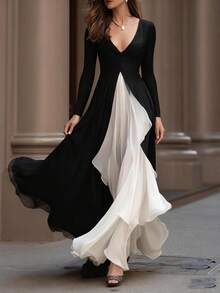 Vestido de mujer estilo occidental nuevo, manga larga de cuello V, ajustado y cintura ceñida, falda amplia de combinación de blanco y negro estilo francés - Blanco y Negro - Ver 3