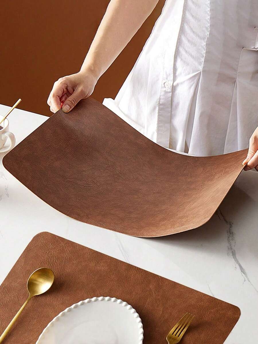 Bộ 1/4 tấm lót bàn bằng da PU màu nâu, có thể đảo mặt, dùng được cả hai mặt, chống thấm nước, chịu nhiệt, chống trơn trượt, có thể giặt và lau chùi, thích hợp cho bàn ăn nhà bếp, tiệc cưới, trang trí nhà cửa. - Nhiều màu - Xem 1