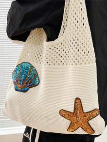 Fashionable Women's Woven Tote Bag, Coin, Shell & Starfish Patch, Large Capacity Foldable Portable Bag, Summer Beach Tote - Multicolor - View 1