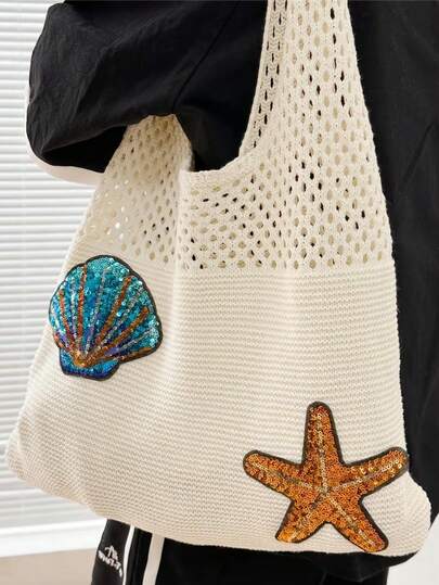 Fashionable Women's Woven Tote Bag, Coin, Shell & Starfish Patch, Large Capacity Foldable Portable Bag, Summer Beach Tote