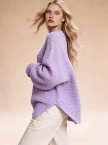 Women's Mock Neck Chunky Knit Sweater, Oversized Textured Multi-Color Pullover, Cozy & Stylish Spring Essential, Elegant Side Split Long Sleeve Jumper, Casual Spring Knit Top, Transitional Layer Piece, Perfect For New Year & Valentine's Day - 紫色(升級款) - 查看 6