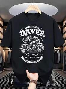 Men's Cotton Graphic T-Shirt, Vintage 'davier' Print Tee, Hardcore Motorcycle Style, Casual Fitted Crop Top, Everyday Wear For Motorcycle Enthusiasts - 黑色 - 查看 1