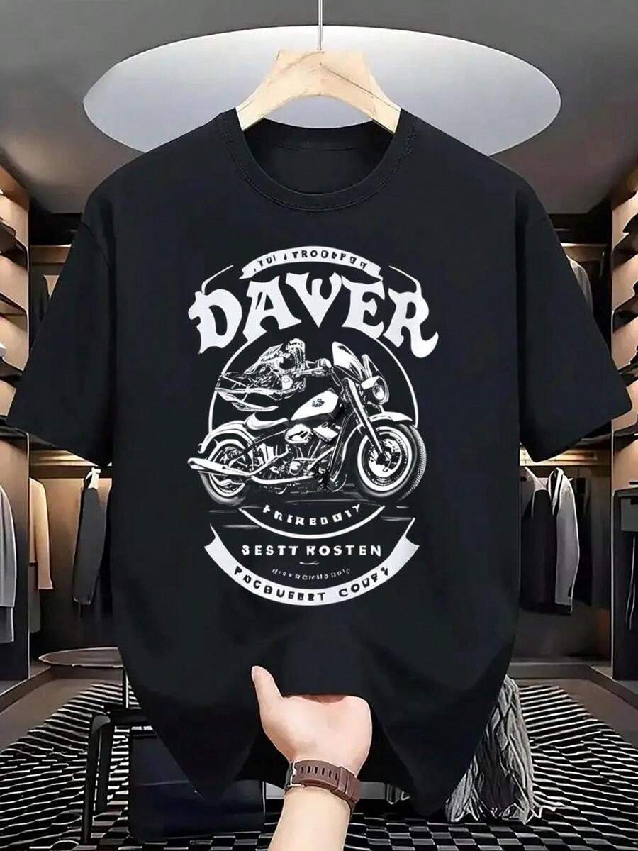 Men's Cotton Graphic T-Shirt, Vintage 'davier' Print Tee, Hardcore Motorcycle Style, Casual Fitted Crop Top, Everyday Wear For Motorcycle Enthusiasts - 黑色 - 查看 1
