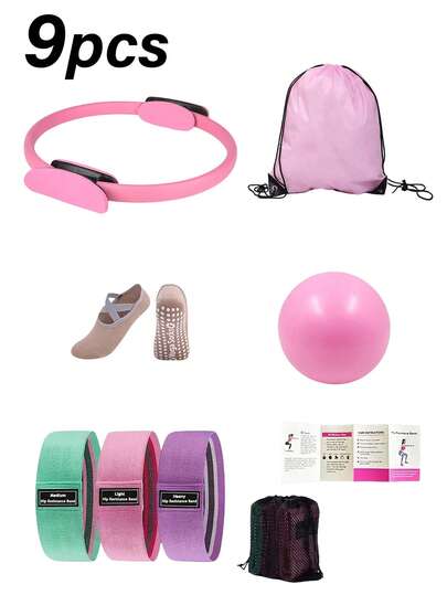 9pcs Yoga & Pilates Set Including Yoga Socks, Yoga Ball, Squat Resistance Bands And A Portable Bag, Suitable For Outdoor Fitness And Home Workout