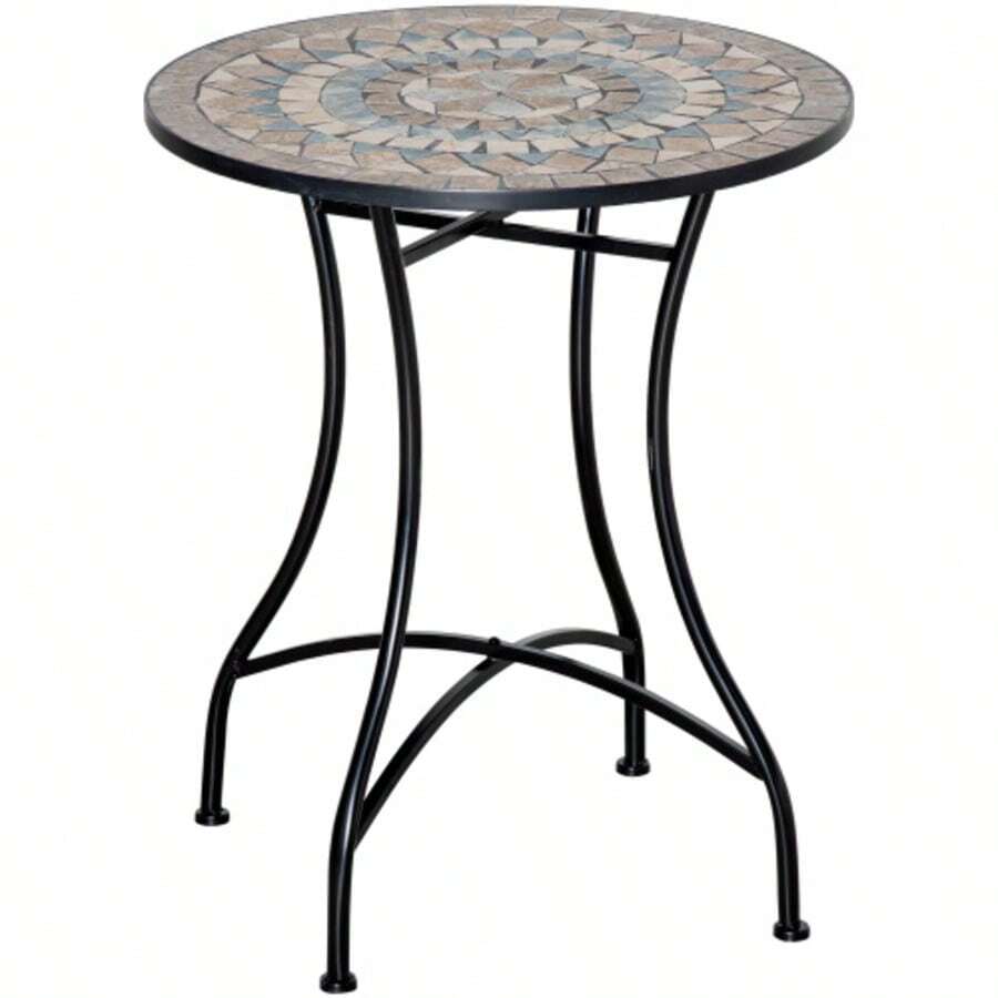 Round Bistro-Style Garden Table With Green, Beige And White Ceramic Mosaic Top, Ø 60 Cm, Ideal For The Garden, Balcony And Terrace. - 黑色 - 查看 1