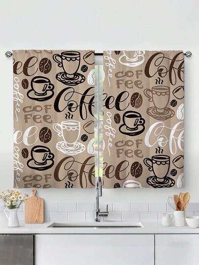 2 piezas de cortinas de ventana de cocina con estampado de elementos de café, sin ojales, cortinas cortas, para dormitorio, oficina, cocina, sala de estar, estudio, decoración del hogar