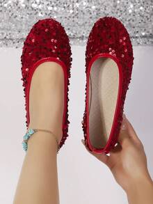 女士休闲平底亮片鞋，圆头一脚蹬平底鞋，适合日常穿着、宴会和派对 - 紅色 - 查看 2
