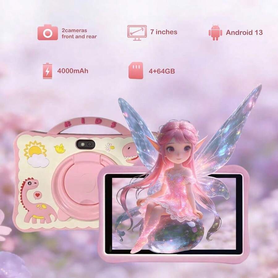 7-calowy, nowy tablet dla dzieci z kreskówkową grafiką, najnowszy silikonowy futerał antypoślizgowy, ulepszona pamięć RAM 4 GB + 64 GB pamięci ROM, duża pojemność baterii 4000 mAh, dłuższy czas pracy na baterii, najnowszy system Android 13.0, płynna praca, dwa aparaty HD do robienia wyraźnych zdjęć, funkcja kontroli rodzicielskiej zapobiegająca uzależnieniu, wielofunkcyjny tablet z kreskówkową grafiką, odpowiedni do nauczania w szkole i edukacji domowej, prezent noworoczny, prezent urodzinowy, prezent na powrót do szkoły