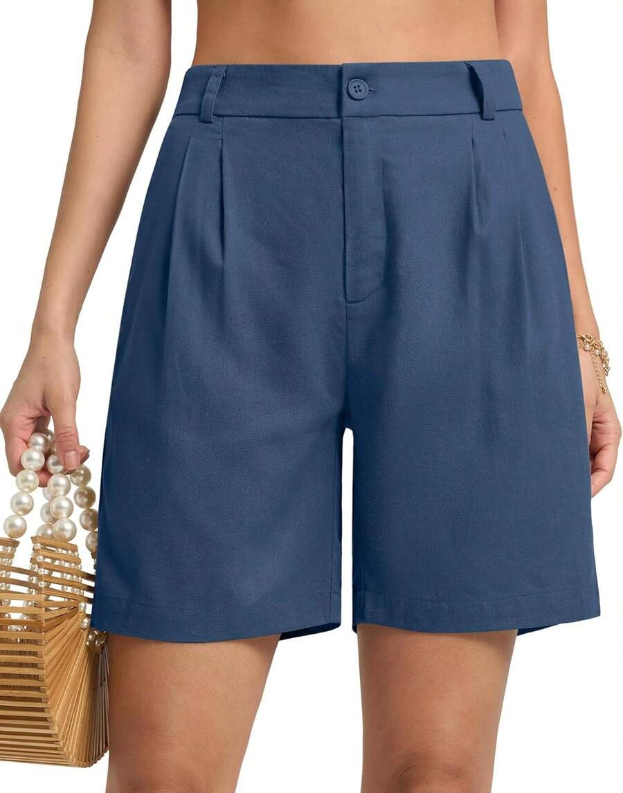 Women's Linen Shorts Dress Casual Wide Leg Summer Pleated Shorts High Waisted With Pockets 10A Valentine's Day 125J - Denim Blue - 查看 1