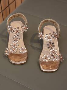 女童金色水晶花朵凉鞋 | 透明粗跟细带扣 - 金色 - 查看 1