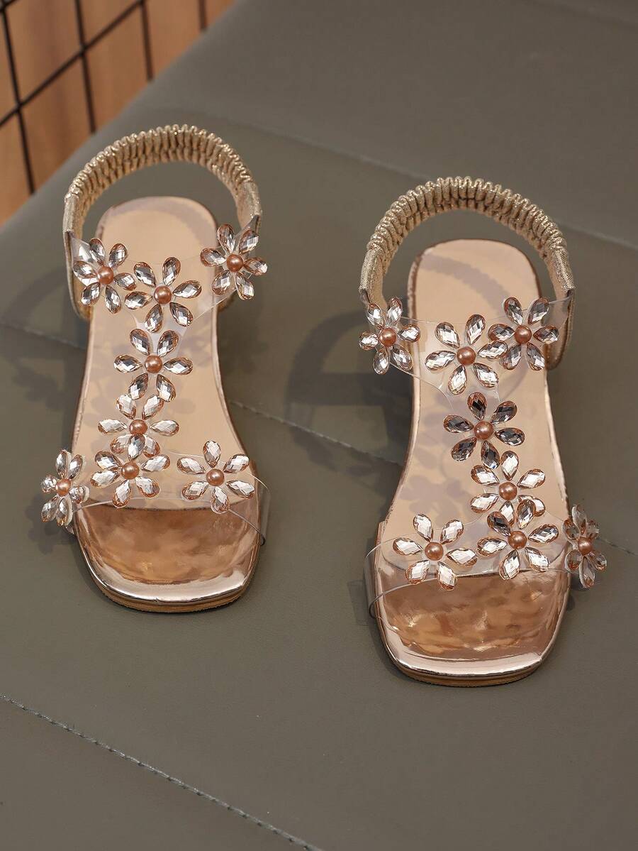 女童金色水晶花朵凉鞋 | 透明粗跟细带扣 - 金色 - 查看 1