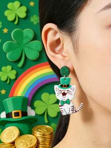 圣帕特里克节可爱猫狗幸运亚克力耳环一对 - 綠色 - 查看 9