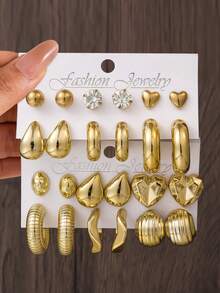 24件/12件女士几何耳环套装，优雅简约风格，心形/水滴形/C形/球形设计，镶嵌闪亮水钻，适合日常/派对/约会/度假等各种场合。