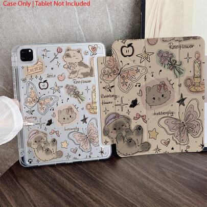 Cat 1pc Vintage Cute Animal Pattern Tablet Protective Case - Suitable For Nostalgic Style Lovers And Those Pursuing Adorable Design, With Pen Slot, Compatible With 10.9/10.2/Air 5th Gen/Pro11/10th/9.7/Air 2/ (7th Gen)/ (8th Gen)/ Air 4/5/ Pro 11/ 10th Generation 10.9 Inch 2022 Smart Protective Cover