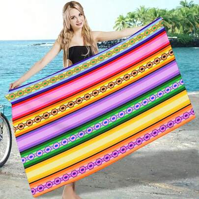 1pc Rainbow Stripe Cute Cartoon Character Printed Ultra-Soft Fiber Beach Towel, Beach Mat, Yoga Mat, Sun Protection Shawl, Suitable For Travel, Camping, Swimming, Picnic, 70*140cm Bath/Beach Towel Or 90*180cm Large Beach Towel