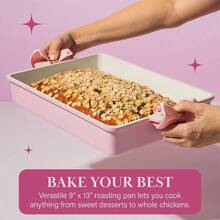 Deluxe Roasting Pan Set, Heavy Duty Nonstick Bakeware With Silicone Handle Grips, 13 Inchx9 Inch, Pink - Pink - View 6