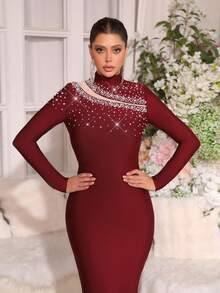 Modphy Elegant Party High Collar Pearl Mesh Patchwork Fitted Long Dress - Burgundy - View 2