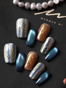 10片装亚克力美甲贴片，蓝绿色猫眼棕色金色重工风短款假指甲，人造指甲套装，包含1张粘合贴片和1个迷你指甲锉。 - 彩色 - 查看 1