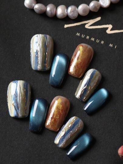 10pcs Acrylic Press On Nails Blue Green Cat Eyes Brown Golden Heavy Industry Short Nails Fake Nails Artificial Nails Kit Includes 1sheet Adhesive Tabs &1 Pc Mini File