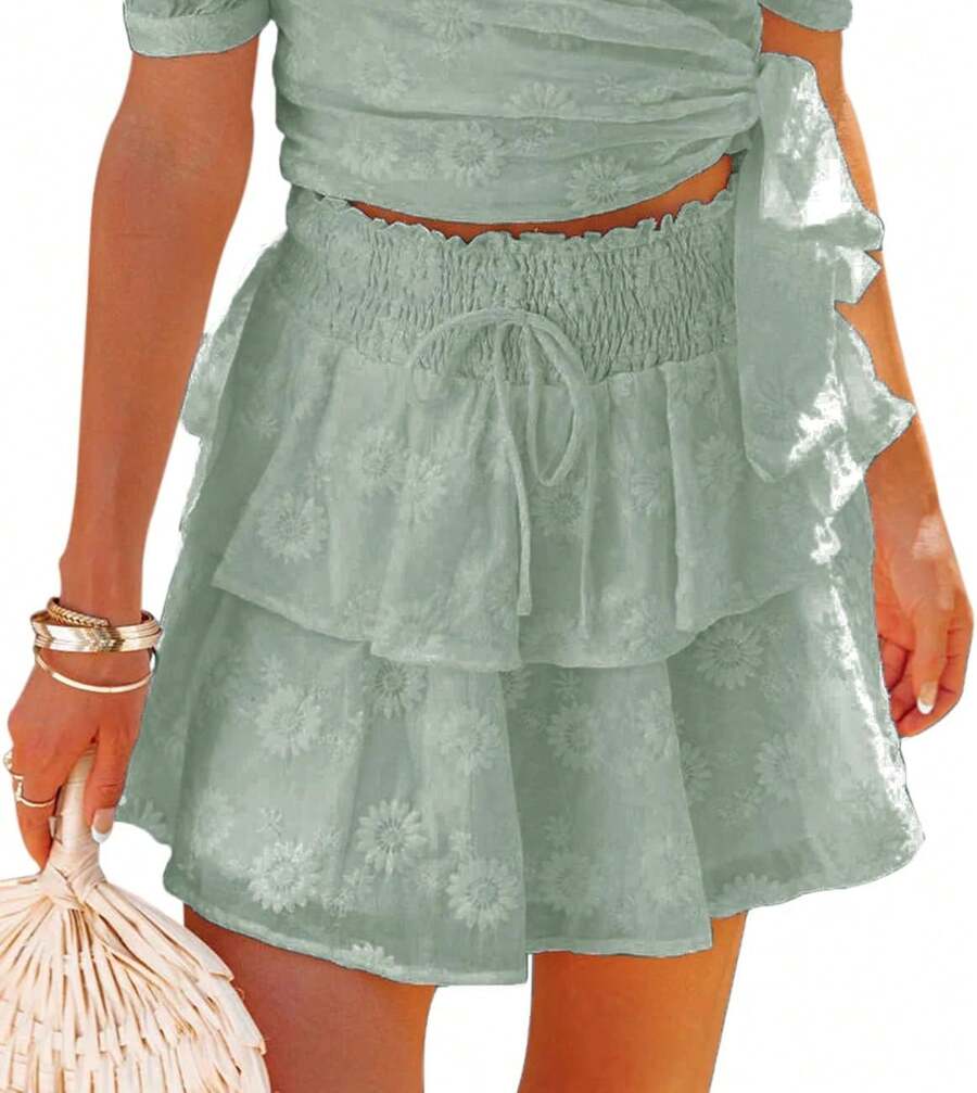 Flowy Shorts Women Casual Boho Ruffle Tiered Skorts Lace Skirts Coastal Country Concert Vacation Beach OutfitsA Valentine's Day PAQB - F 格林 - 查看 1