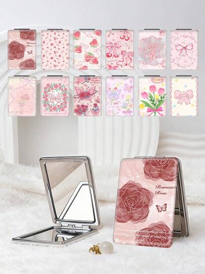 1个Y2K美学可爱化妆镜，可折叠轻薄便携手镜，耐用PU皮革材质，适合各种场合和人群，长方形口袋镜