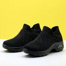 女士灰色格子条纹软垫运动鞋，针织套脚休闲运动舞蹈鞋 - 1740 - 查看 4