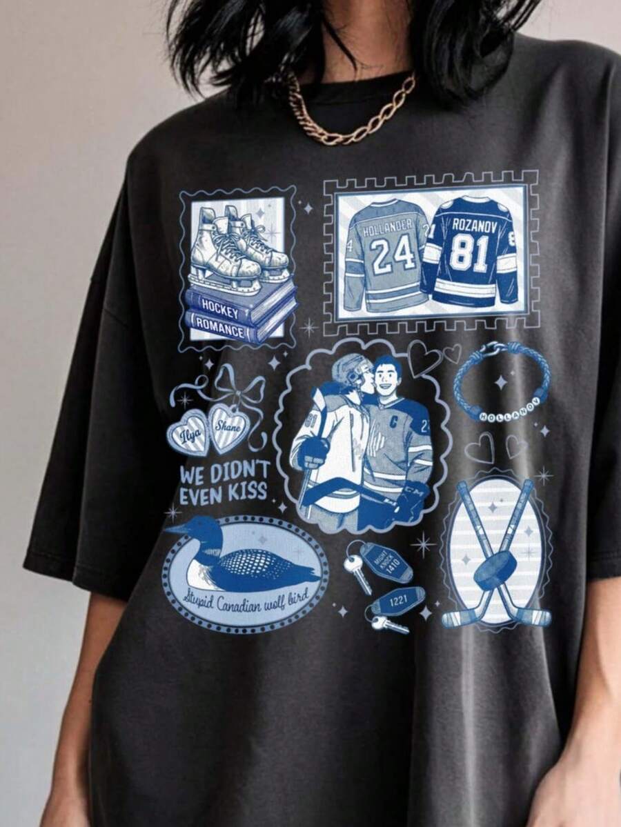 1PC Women's Plus Size Valentines Shirt We Didn't Even Kiss Shirt , Couple Heated Rivalry Tshirt, Hockey Romance Book Tshirt, Hot Book Movie Fan Gifts - 黑色 - 查看 1