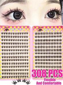 308/252 Pieces Cluster False Eyelashes Eyelash Book 28 Rows DIY Cluster Eyelash Extension Kit Fluffy 2 Styles Mixed Single Eyelash Cluster Segmented Spikes CC Curl Eyelash Extensions Can Make Cat Eye Lashes Look Natural Or Fluffy Volume Dramatic Eyelash Effect - Burnt Orange - View 2