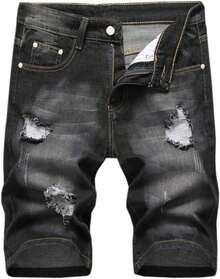 Men's Ripped Shorts & Jeans Summer Casual Classic Straight Distressed Ripped Short JeansA Valentine's Day XJS7 - 304#黑色 - 查看 1