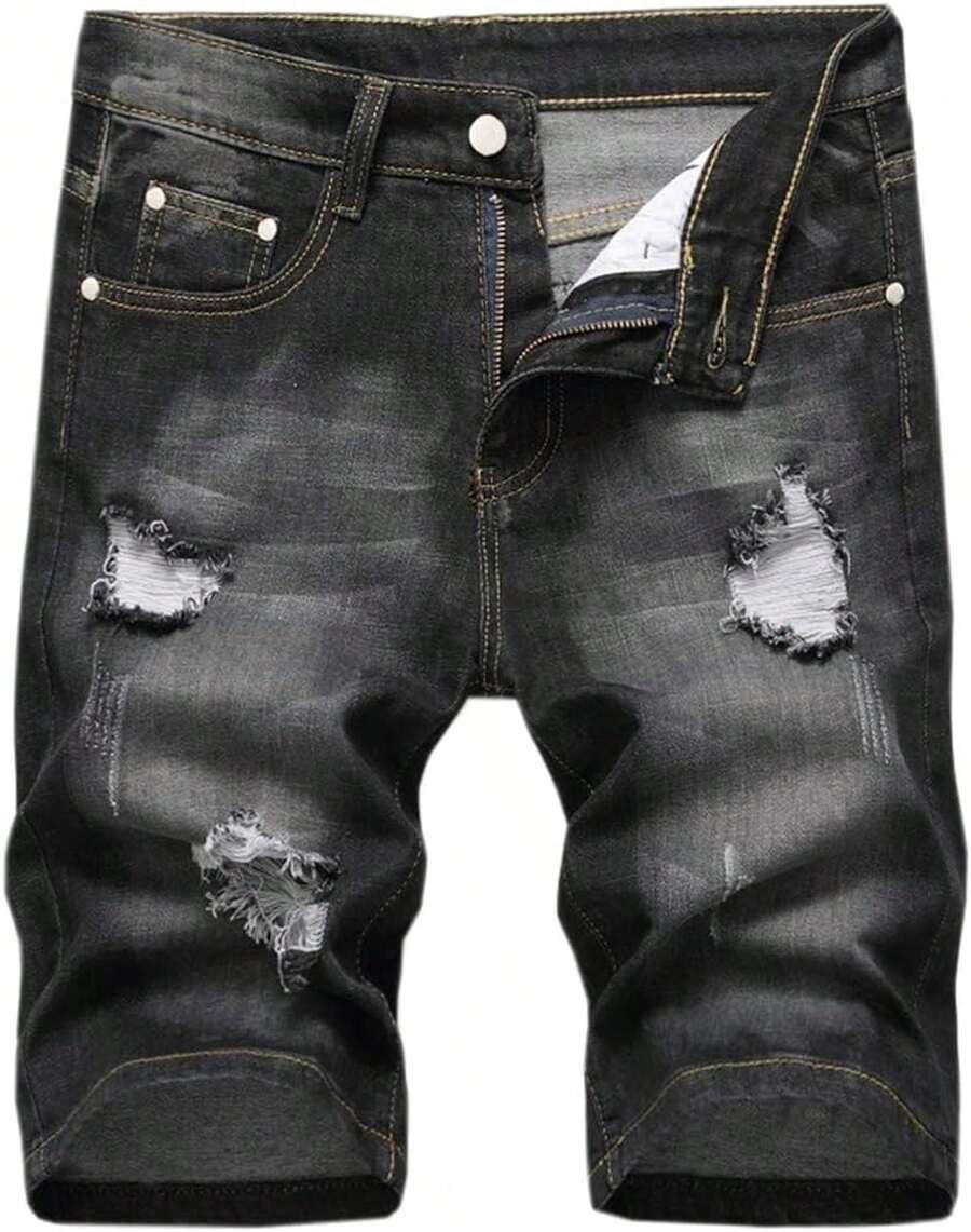 Men's Ripped Shorts & Jeans Summer Casual Classic Straight Distressed Ripped Short JeansA Valentine's Day XJS7 - 304#黑色 - 查看 1