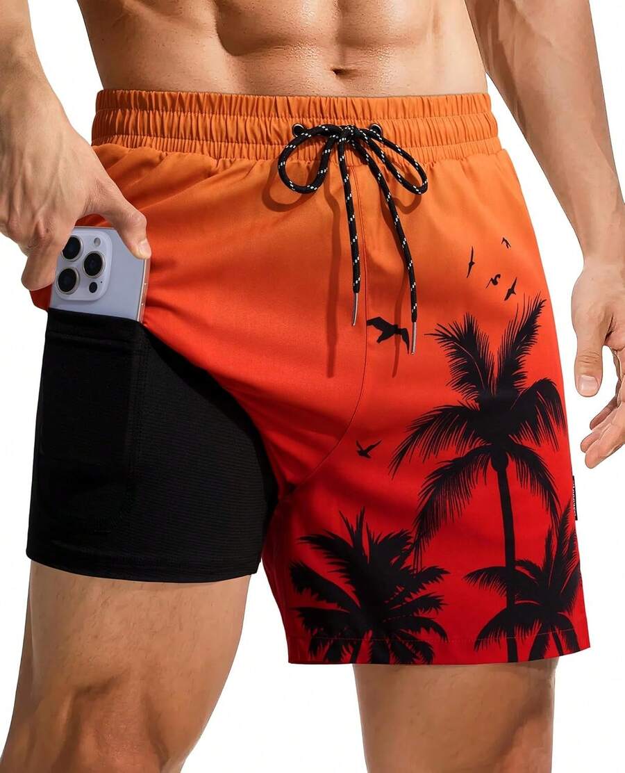4inch Mens Swim Trunks: With Compression Liner Zipper Pocket Drawstring Quick Dry Stretch Lined Tree Beach PoolA Valentine's Day HZTD - Cây đỏ chuyển sắc - Xem 1