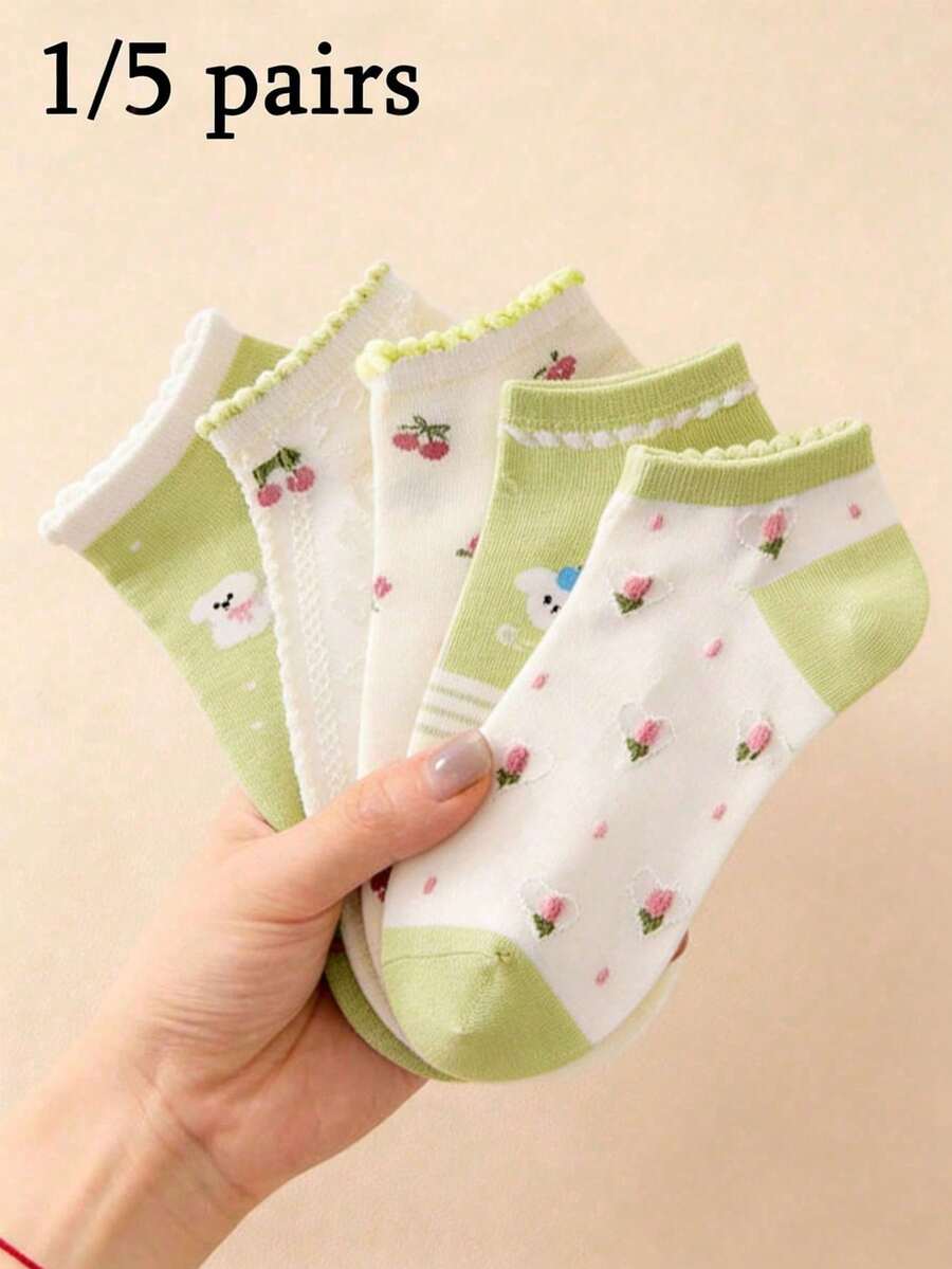 1/5 Pairs Women Ruffle Trim Cherry Ditsy Floral Solid Color Low Cut Socks - Sweet & Cute, Comfortable & Soft, Casual For Daily Wear, Party, Travel, Home, Business, College Style