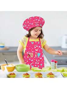 TendenciaDelantal y sombrero de chef para niños, delantales ajustables con bolsillo para niñas, niños, cocina, niños pequeños para cocinar y hornearCalidad premium - mariposas rosas - Ver 3