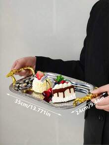 1pc French Style Gold Flower Handle Silver Stainless Steel Embossed Square Serving Tray, Luxury Fruit Plate, Cake Dessert Platter, Living Room Coffee Table Household Glass Rectangular Plate - Multicolor - View 13