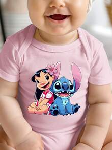 Disney Baby Clothing, Newborn  - Unisex - Disney Stitch And Lilo Cartoon Print - Crawling And Toddling Stage Set - Summer Outdoor Casual Crewneck Crawling Coverall With Triangle Hem Design - Summer Essential Item - Playful And Fun - Adorably Cute - Perfect Holiday Gift For Infants And Toddlers - Hồng - Xem 3