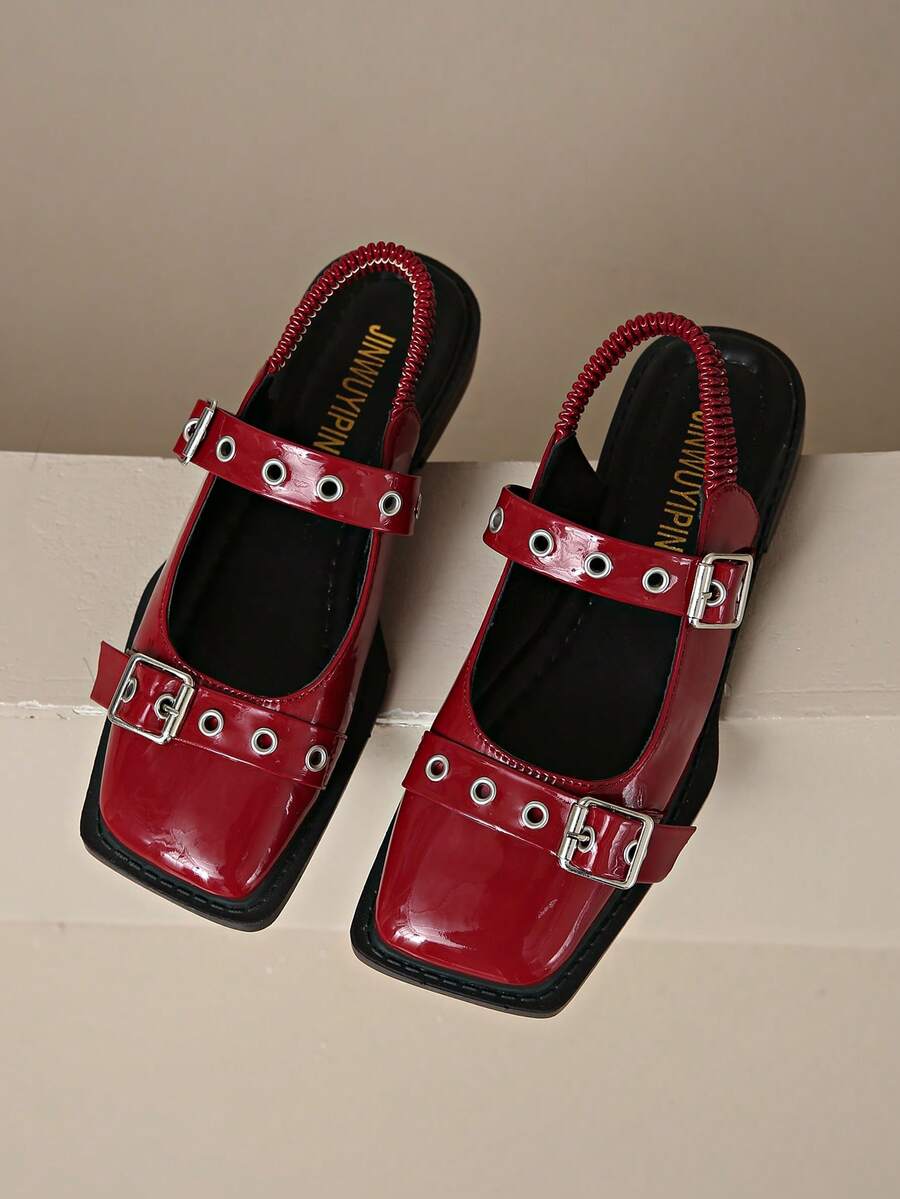 2026年新款女士平底鞋，设计师奢华搭扣时尚女士平底鞋，露跟尖头休闲凉鞋穆勒鞋 - 酒紅色 - 查看 1