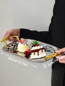 1pc French Style Gold Flower Handle Silver Stainless Steel Embossed Square Serving Tray, Luxury Fruit Plate, Cake Dessert Platter, Living Room Coffee Table Household Glass Rectangular Plate - Multicolor - View 4