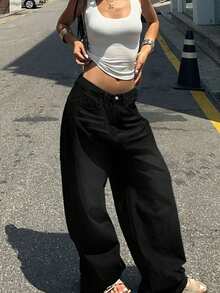 Casual American Street Style Minimalist Daily Commute Versatile Women Jeans, Oversized Boyfriend Style Women's Pocketed Wide Leg Relaxed Casual Jeans, Women Curve Jeans For Women, Valentine/Christmas/New Years Outfit, Holiday Gift - 黑色 - 查看 7