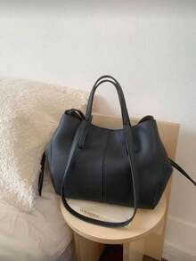 复古大容量女包，新款休闲百搭通勤单肩包，手提包，纯黑色PU材质，荔枝纹理绗缝，配有强力磁扣。 - 黑色 - 查看 3