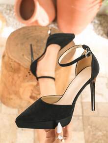 Women's Fashion Sexy Stiletto Thick Bottom Open Toe Sandals, Spring/Summer New Platform Shoes, Pointed Toe Hollow Out Buckle Strap Nightclub Party Dress Pumps, Comfortable Casual Vacation Office Commute Black Suede Heels - Black - View 1