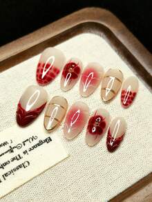 10 piezas de uñas postizas hechas a mano, forma de almendra, patrón de cuadros rojos, estilo francés, decoradas con flores rojas, líneas doradas personalizadas, estilo chica atrevida, reutilizables - Multicolor - Ver 5
