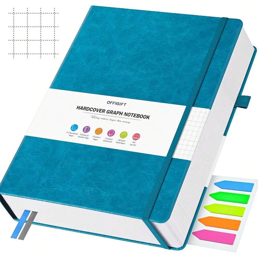 Cuaderno de papel cuadriculado, 312 páginas sin numerar, tapa dura de cuero B5, papel de cuadrícula de 100 g/m² sin sangrado, cuaderno con páginas de índice, cuaderno de cuadrícula para notas de gráficos matemáticos, 7.6" X 10", azul - Azul - Ver 1