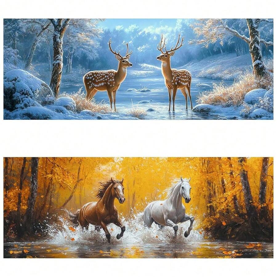 Yomiie 2 Pack Large Diamond Art Kits For Adults, Deers & Horses Diamond Painting Art Animals DIY Full Round Drill Kits, Rhinestone Diamond Crystal Craft Canvas Home Wall Decor 31.5x11.81 Inch - 鹿與馬 - 查看 1
