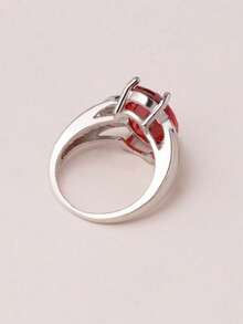 1 pieza Anillo de lujo chapado en cobre con oro blanco y piedra de cristal de circonia roja - Rojo - Ver 2