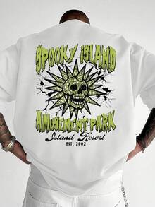 Spooky Island Amusement Park Skull Print T - Shirt,Comfortable Casual Short Sleeve, 220 Grams Heavyweight 100 Percent Cotton Graphic T Shirts,Men's Gifts,Funny T-Shirt,,Valentine's Day - 白色 - 查看 1