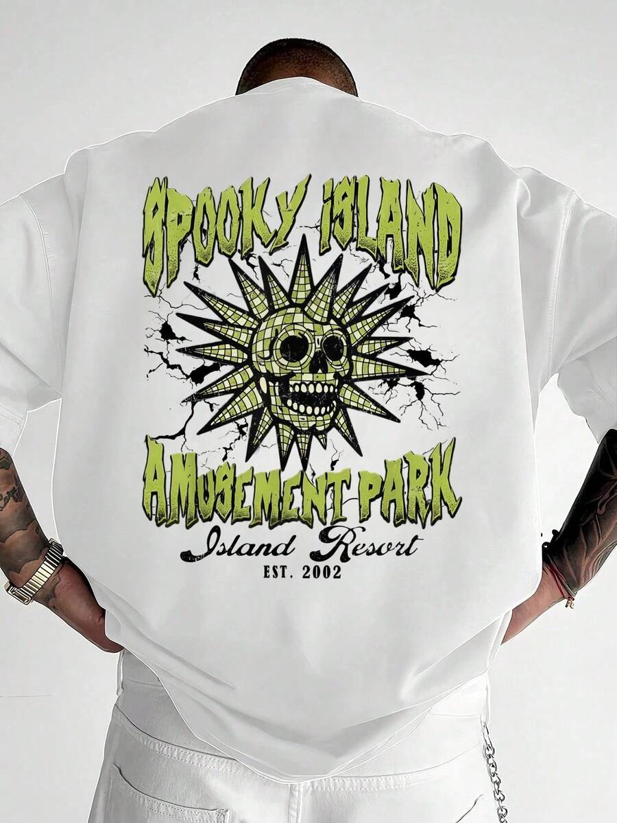 Spooky Island Amusement Park Skull Print T - Shirt,Comfortable Casual Short Sleeve, 220 Grams Heavyweight 100 Percent Cotton Graphic T Shirts,Men's Gifts,Funny T-Shirt,,Valentine's Day - 白色 - 查看 1