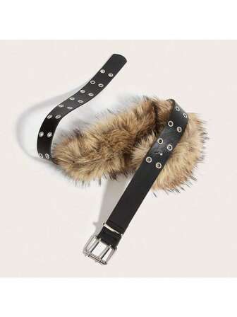 1pc Punk Y2K Faux Fur Black High-Quality PU Leather Fashion Belt For Women, Suitable For Pairing With Cropped Leather Jackets, Denim Jackets, Slip Dresses, For Daily Outings, Niche Gatherings, Photography, Music Festivals, Christmas And Family Celebrations.